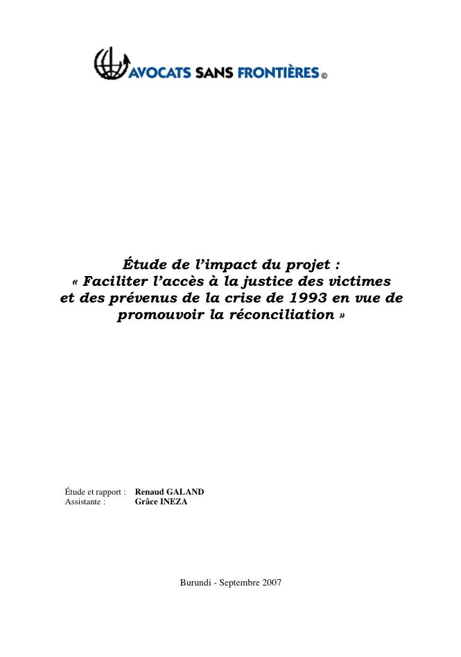 Burundi: Etude de l’impact du Projet Accès à la Justice de la crise de 1993