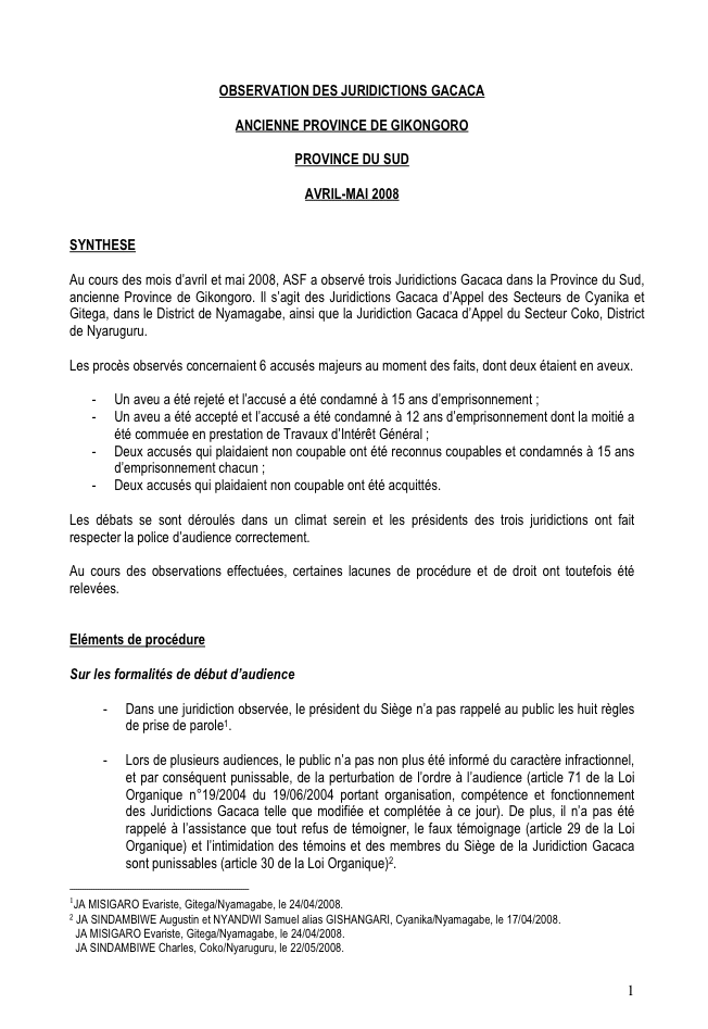 Rapports mensuels d’observation des juridictions Gacaca (200804-05)