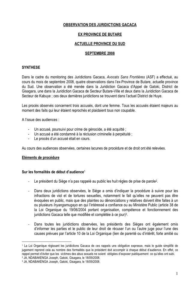 Rapports mensuels d’observation des juridictions Gacaca (200809)