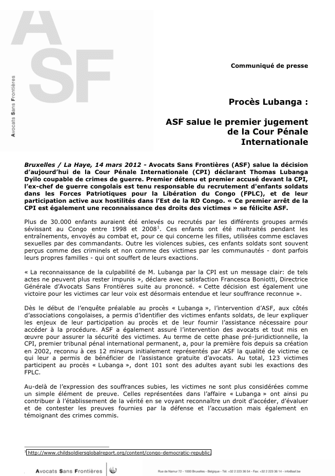 L’affaire Lubanga: press release (03/2012 – in French)