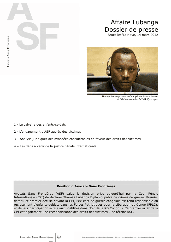 L’affaire Lubanga – dossier de presse (mars 2012)