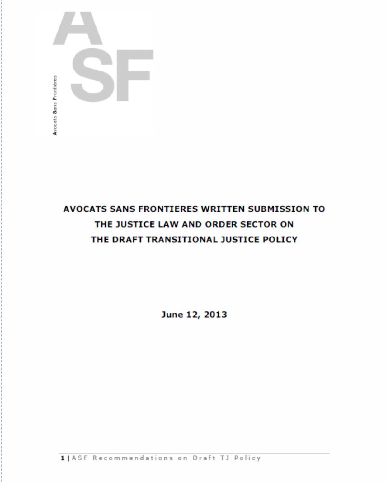 ASF written submission to the justice law and order sector on the draft transitional justice policy