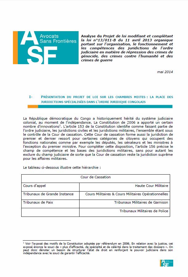 Analyse du projet de loi sur les chambres mixtes en RD Congo