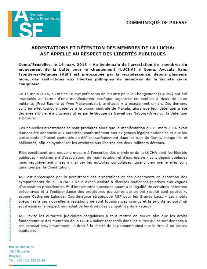 [French] Press release – Arrests and detention of  LUCHA members: ASF calls for a respect of public liberties