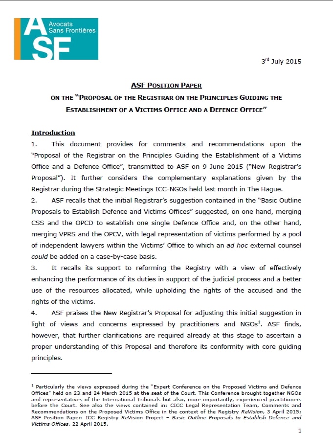 Position Paper on the “Proposal of the registrar on the principles guiding the establishment of a victims office and a defence office”