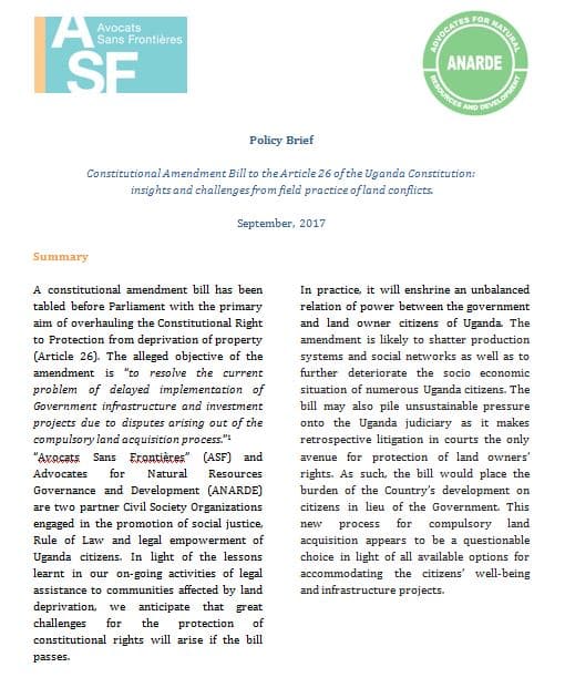 Policy Brief – Constitutional Amendment Bill to the Article 26 of the Uganda Constitution: insights and challenges from field practice of land conflicts