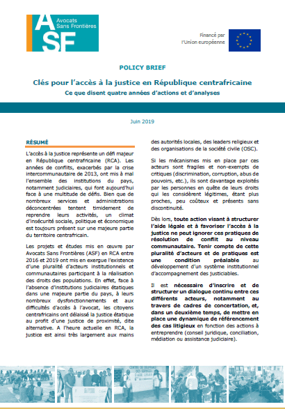 (Frans) Policy brief – Sleutels voor toegang tot de rechter in de Centraal-Afrikaanse Republiek: Situatie na vier jaar actie en analyse