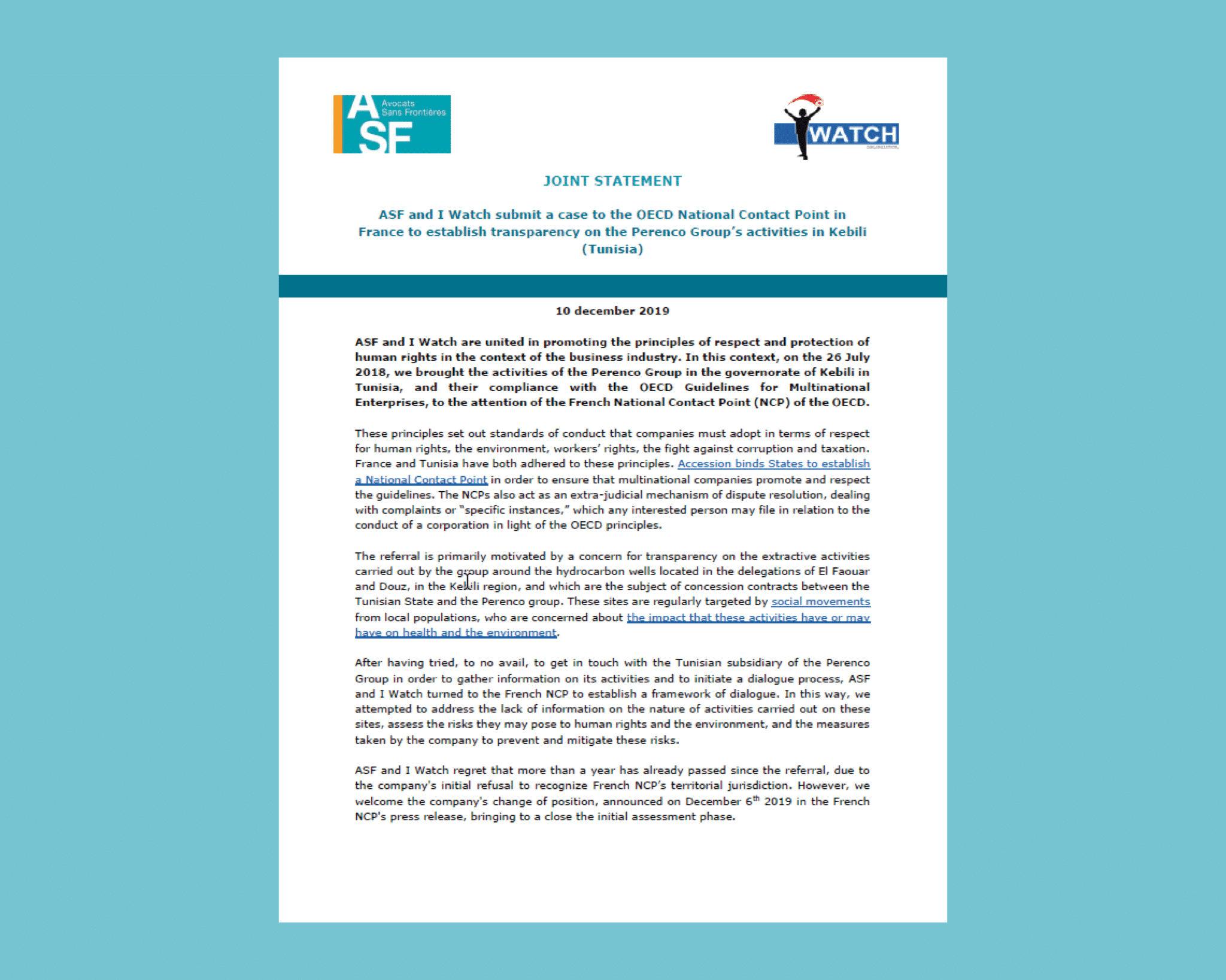 Persbericht : Procedure voor het Franse NCP om transparantie over de activiteiten van de Perenco Groep in Kebili te verkrijgen