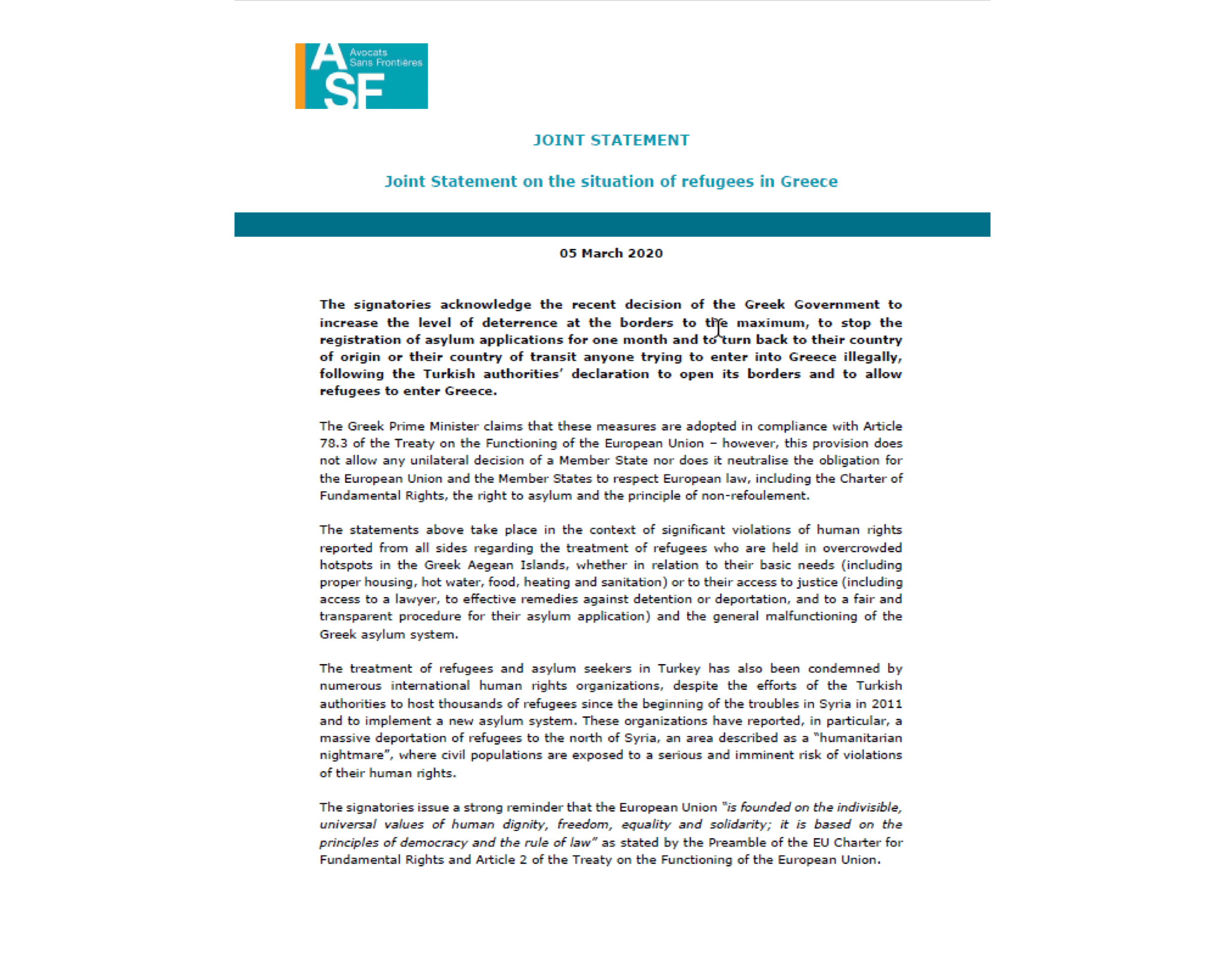Joint statement on the situation of refugees in Greece
