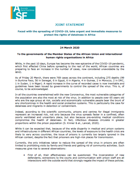 [Anglais] Déclaration conjointe – La propagation de la COVID-19 exige que des mesures urgentes et importantes soient prises pour protéger les droits des détenus en Afrique