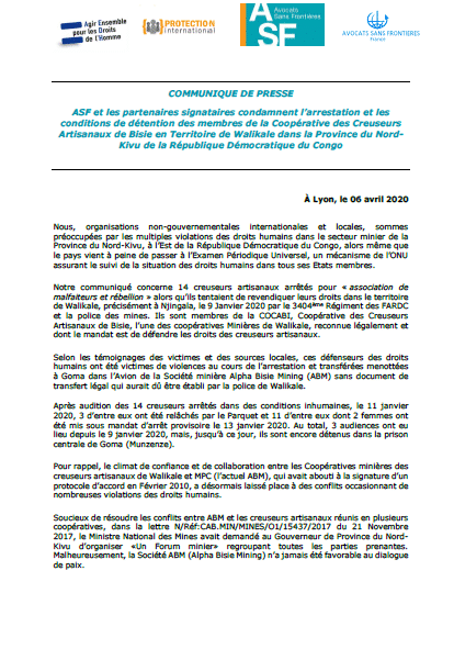 [ French ] Press release – ASF and the signatory partners condemn the arrest and the conditions of detention of the members of the Cooperative of Artisanal Diggers of Bisie in the Territory of Walikale in the Province of North Kivu of the Democratic Republic of Congo