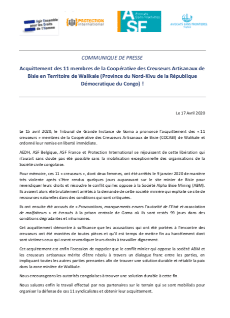 [ French ] Press release : Acquittal of the 11 members of the Cooperative of Artisanal Diggers of Bisie in Walikale Territory (North Kivu Province of the Democratic Republic of Congo)!