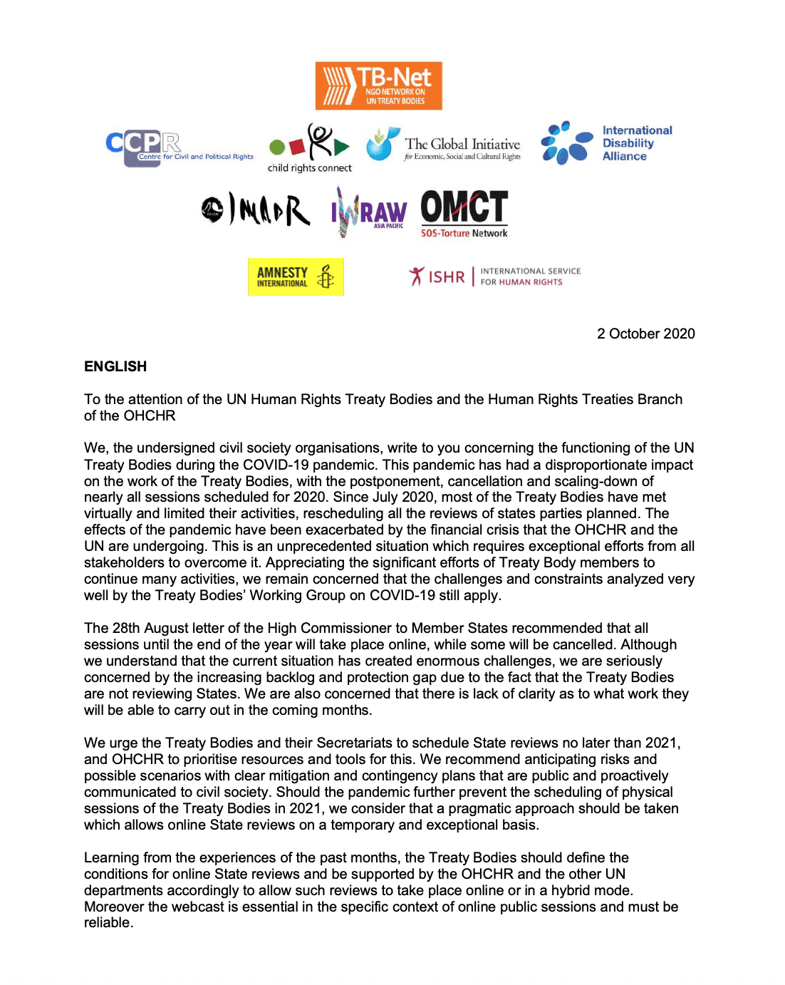 Joint statement – 523 NGOs ask the United Nations to schedule country reviews before 2022