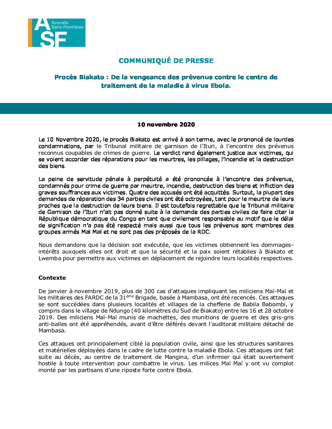 Press release – Biakato Trial: Heavy sentences for war crimes in the context of the fight against Ebola in Ituri