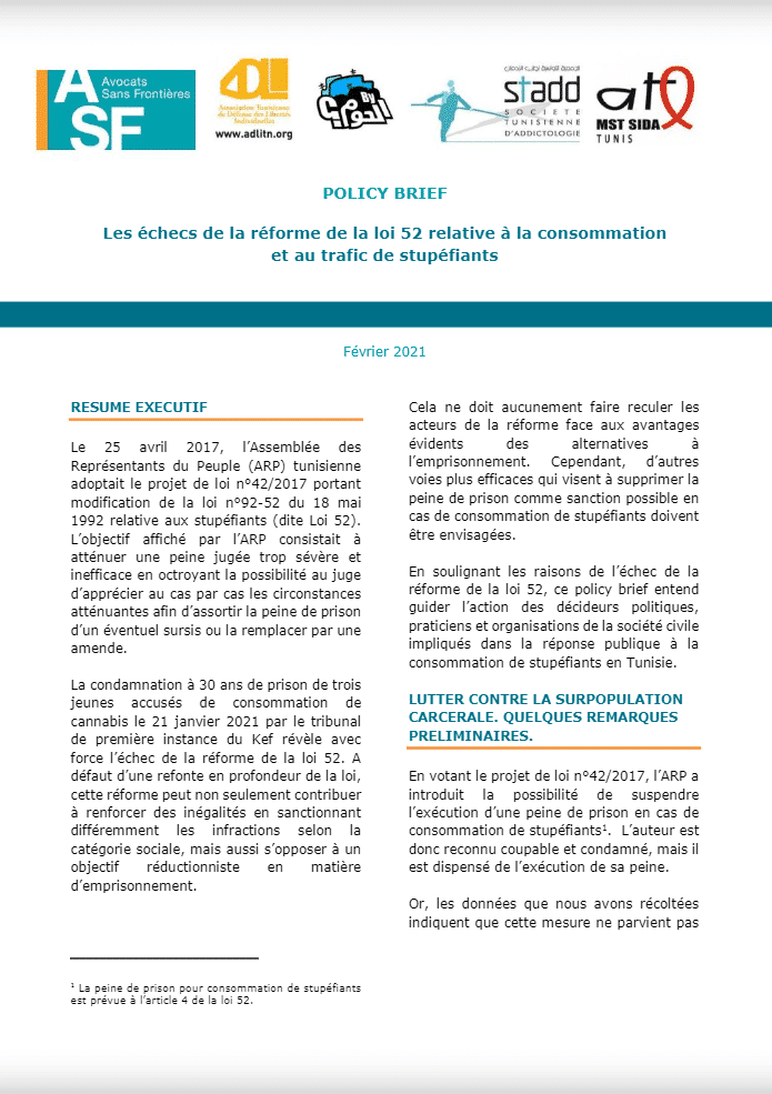 (French) Policy brief – The failures of the reform of Law 52 on the use and trafficking of drugs