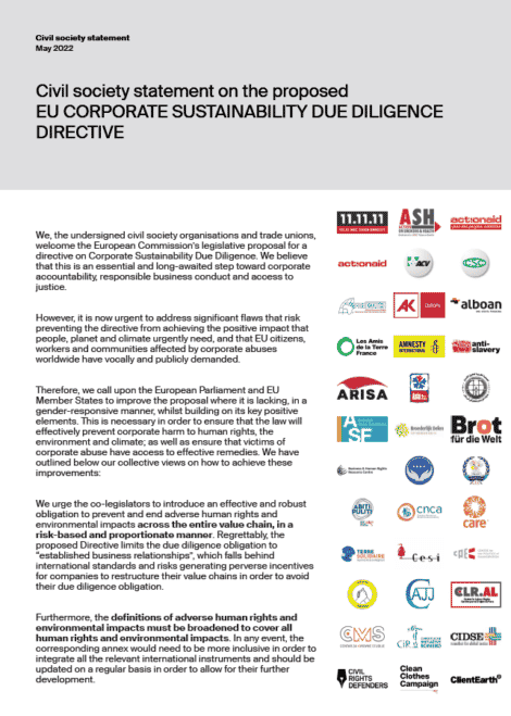 Civil society statement on the proposed EU corporate sustainability due diligence directive