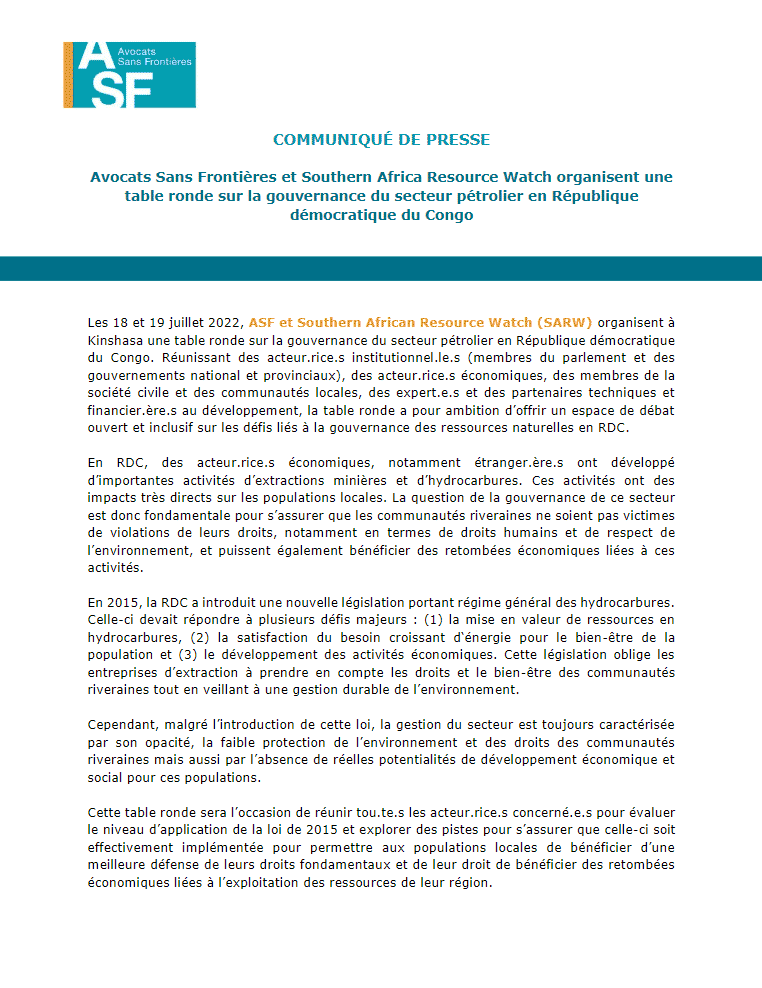 (French) PRESS RELEASE – Avocats Sans Frontières and Southern Africa Resource Watch organise a round table on the governance of the oil sector in the Democratic Republic of Congo