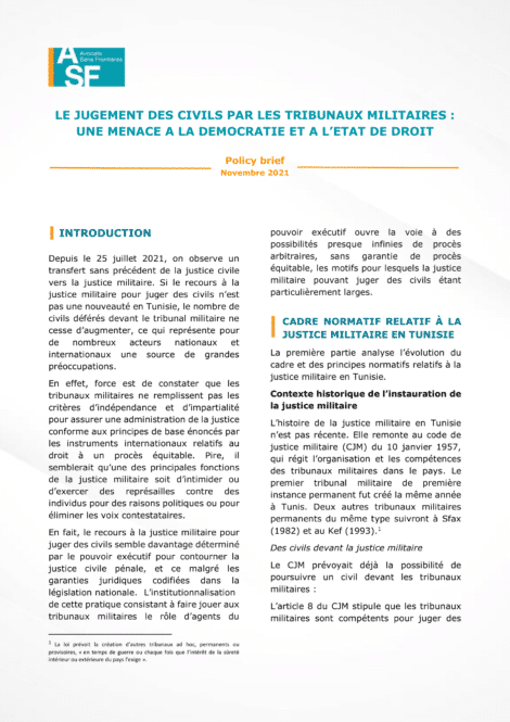 (French) Policy Brief – The trial of civilians by military courts : a threat to democracy and the rule of law