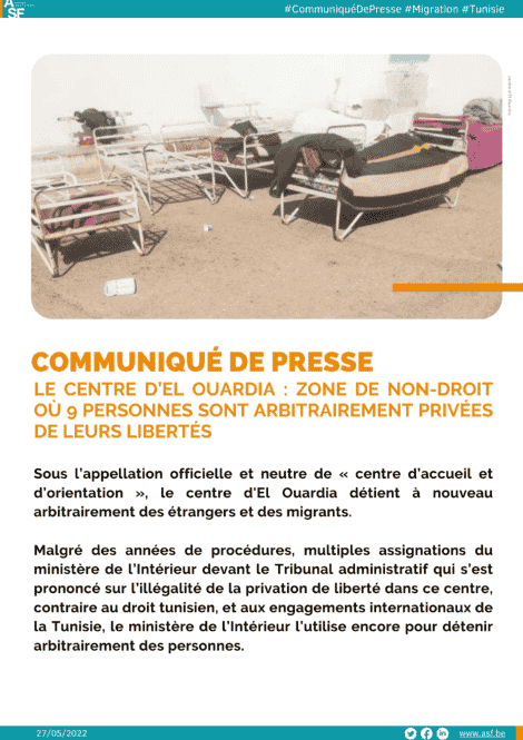(French) Press release: El Ouardia centre: a lawless zone where 9 people are arbitrarily deprived of their freedom