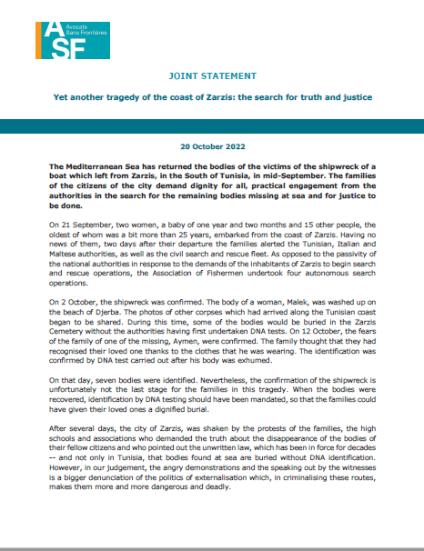 Joint statement – Yet another tragedy of the coast of Zarzis : the search for truth and justice