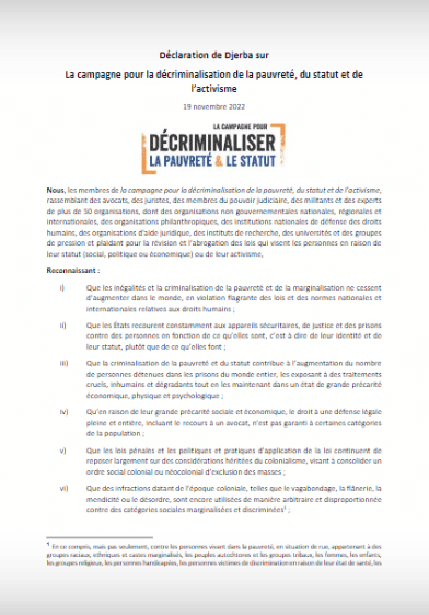 (Frans) Gemeenschappelijke verklaring – Campagne voor de decriminalisering van armoede, status en activisme