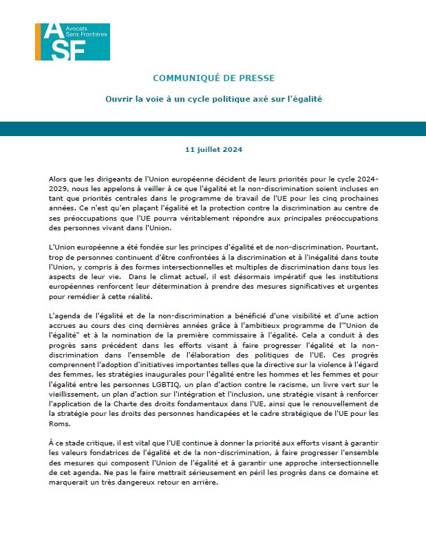 Press release – Paving the Way for an Equality-Centred Policy Cycle (French)