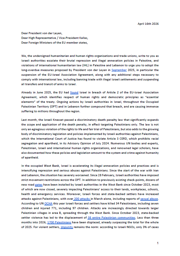 60+ organizations demand suspension of EU-Israel Association Agreement (English)