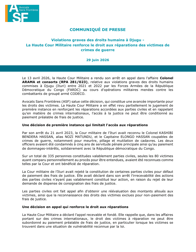 Serious human rights violations in Djugu – The High Military Court strengthens the right to reparations for victims of war crimes (French)