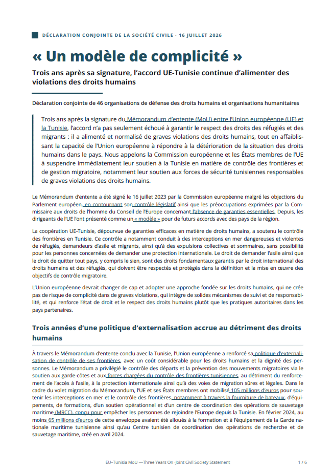A Blueprint for Complicity: Three years of the EU-Tunisia migration agreement, three years of human rights violations (French)